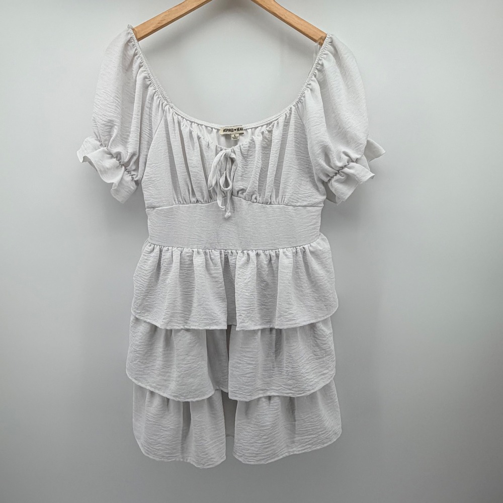 Inspired Hearts Dress Womens L White Ruffle Tiered Milkmaid Puff Sleeve Mini